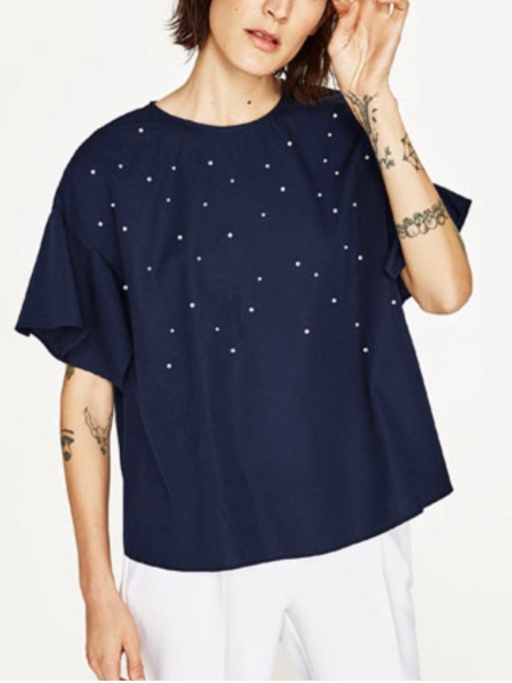 Pearl-Embellished Navy Short Sleeve Top